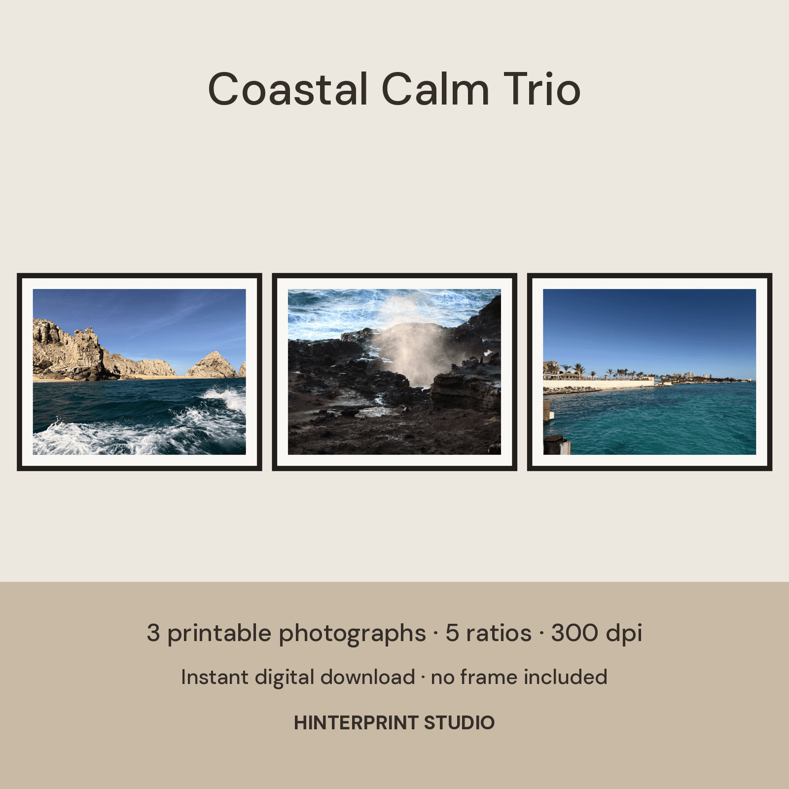 Three framed coastal photographs: a beach with footprints toward the surf, a rocky shore with calm water, and a sea stack off a green headland.