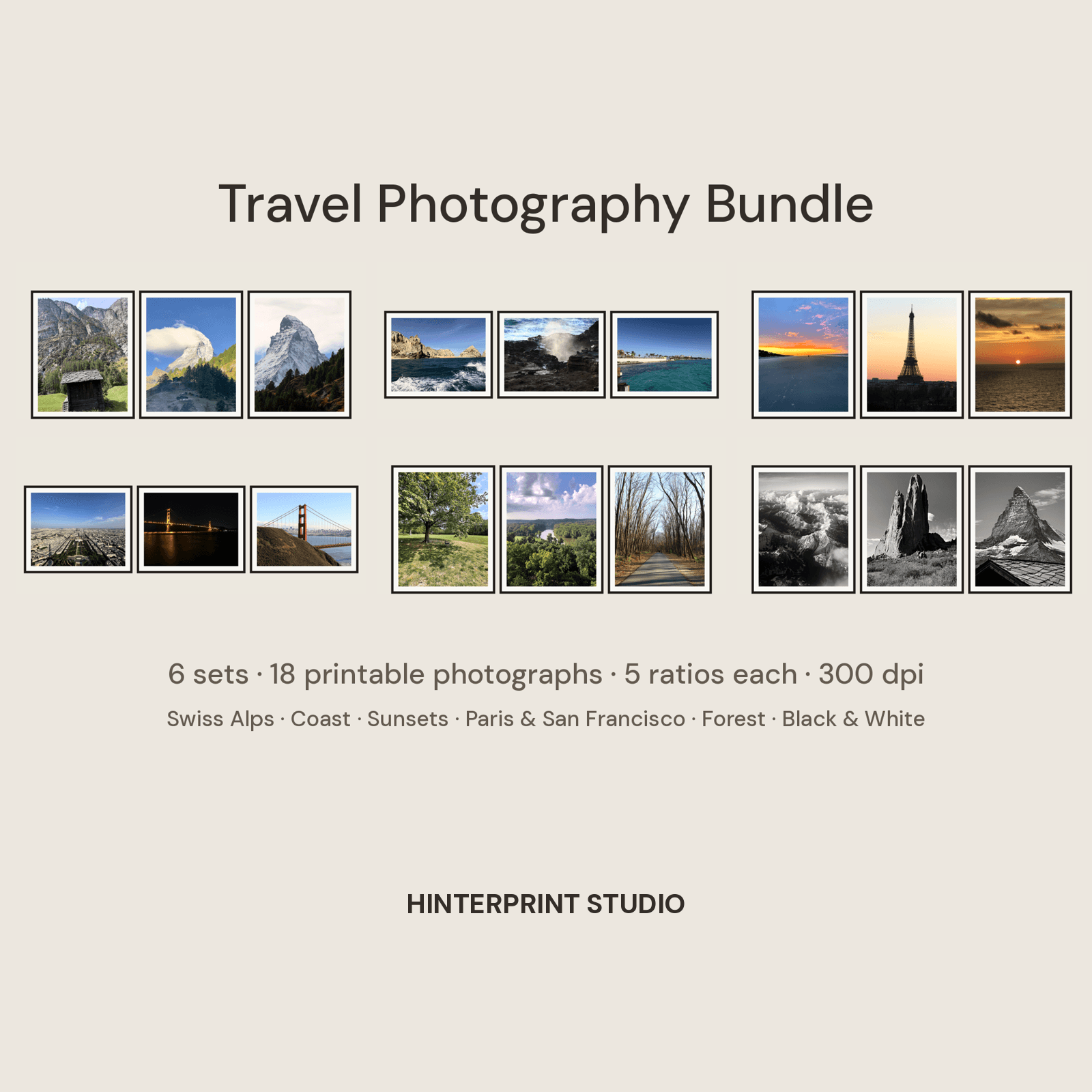 Preview of the travel photography bundle, gathering the six HinterPrint Studio scenery sets into one image.