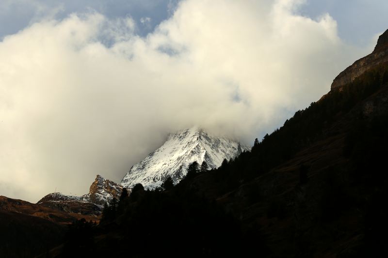 Forested hill silhouette with a sunlit peak glowing through cloud.