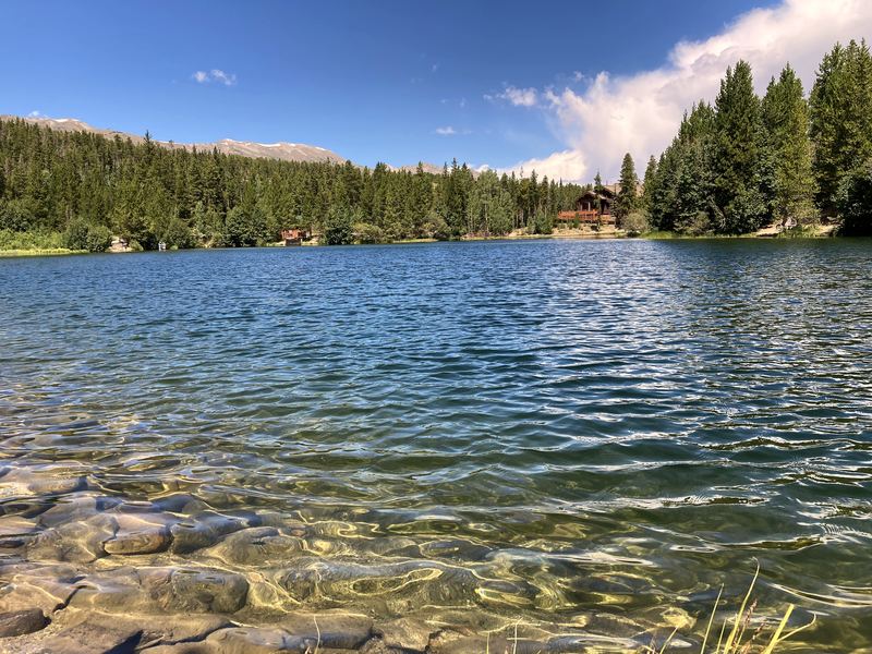 Clear alpine lake with pebbled shore and evergreen ring.