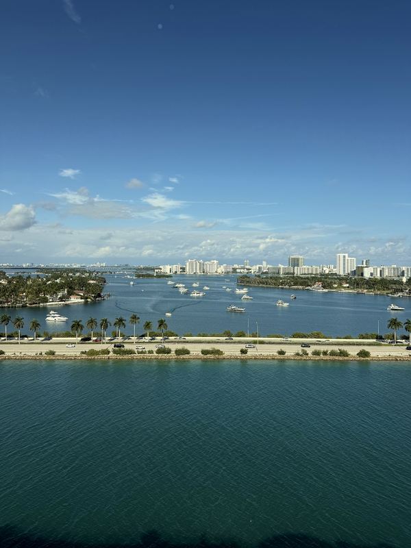 Aerial causeway with palms crossing yacht channel toward skyline.